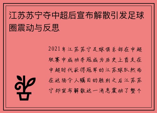 江苏苏宁夺中超后宣布解散引发足球圈震动与反思