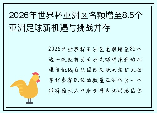 2026年世界杯亚洲区名额增至8.5个 亚洲足球新机遇与挑战并存 2026年世界杯亚洲区名额增至8.5个 亚洲足球新机遇与挑战并存